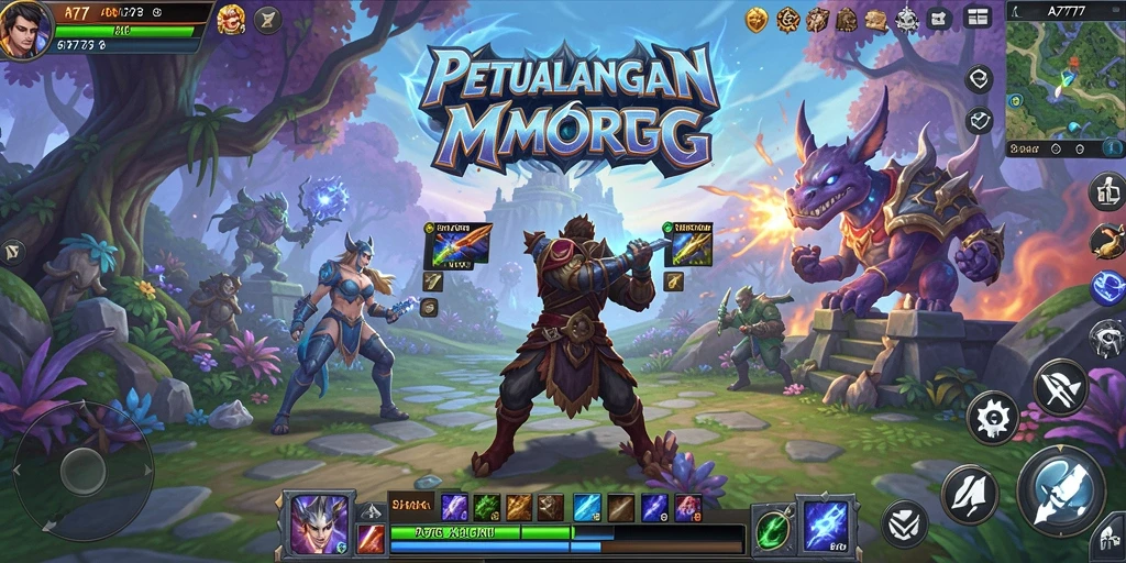Screenshot A7777 menampilkan aksi seru dalam pertarungan MMORPG.