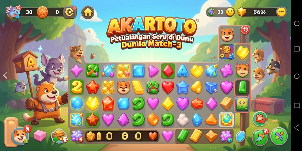 Tangkapan layar permainan AKARTOTO menampilkan momen seru dalam mencocokkan permata.