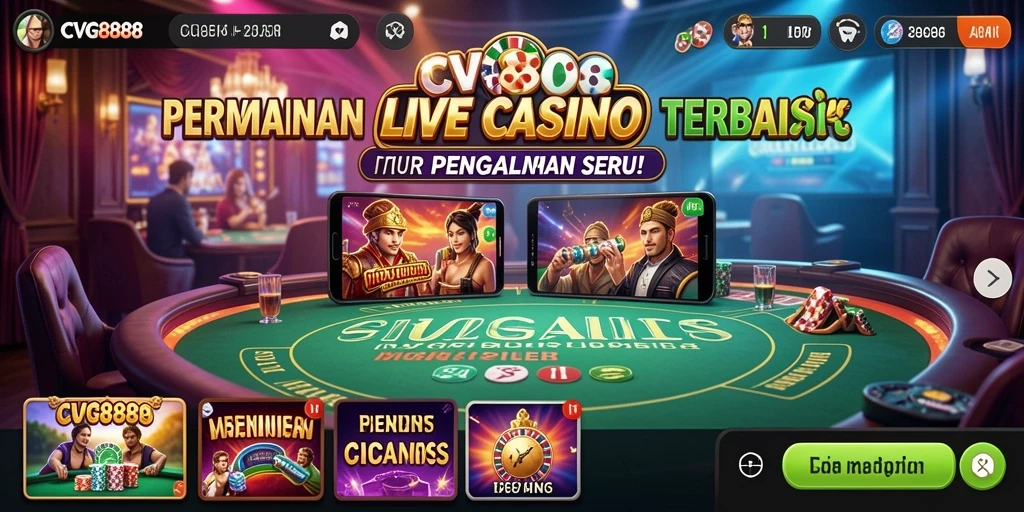Screenshot gameplay CVG8888 dengan dealer langsung dan suasana kasino yang nyata.