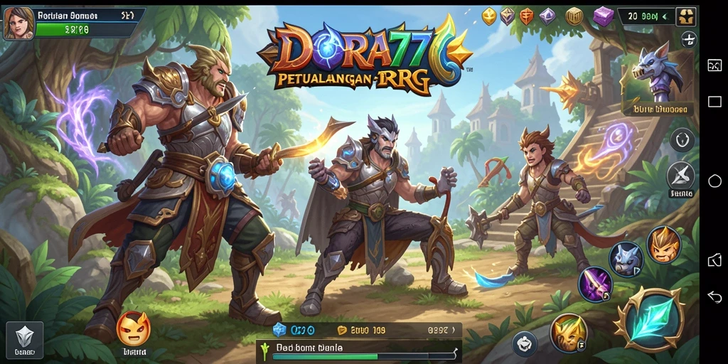 Screenshot DORA77 menampilkan pertarungan epik dan dunia fantastis.