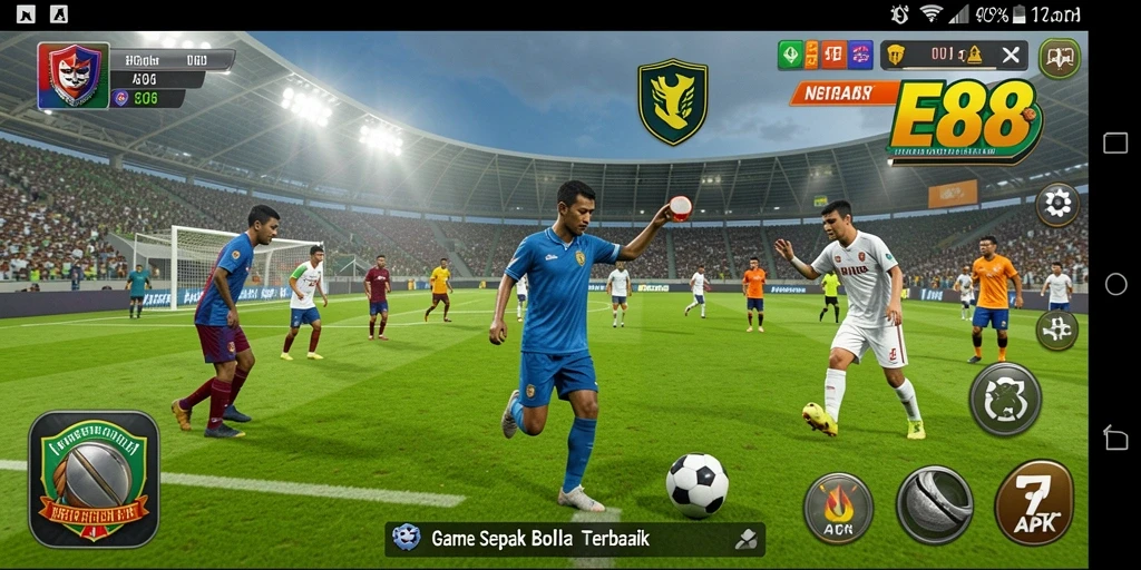 Tangkapan layar menunjukkan gameplay E88 dengan aksi seru dalam pertandingan sepak bola.