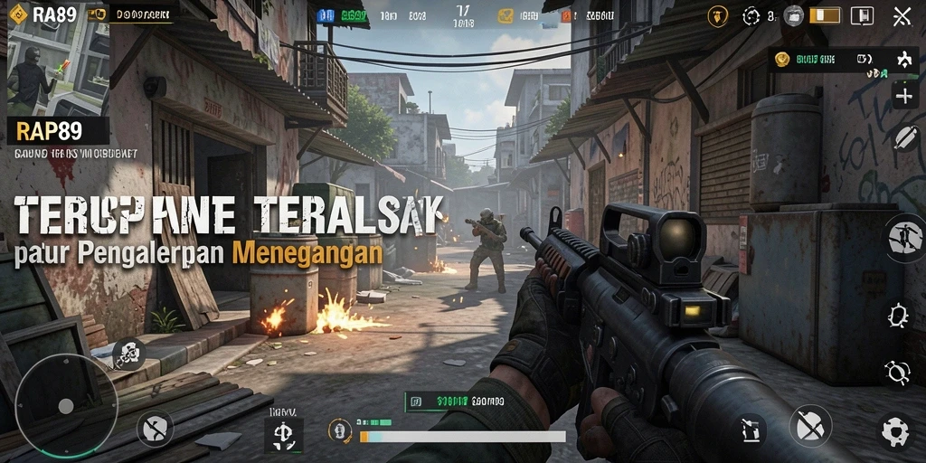 Tangkapan layar utama RAP89 menampilkan pertempuran aksi intens dalam mode FPS.