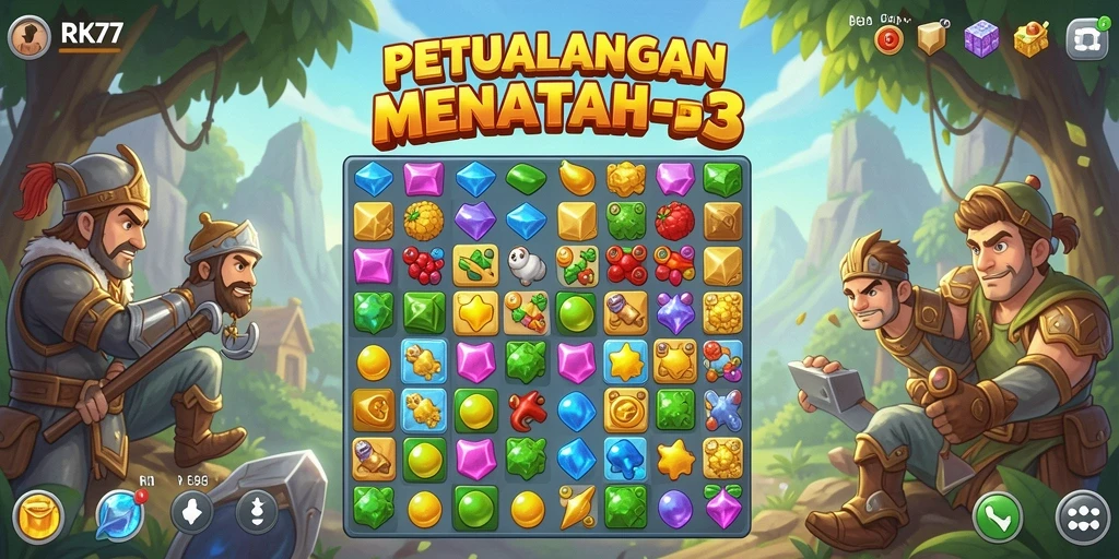 Screenshot RK77 menampilkan gameplay seru dan penuh warna dari pertandingan Match-3.