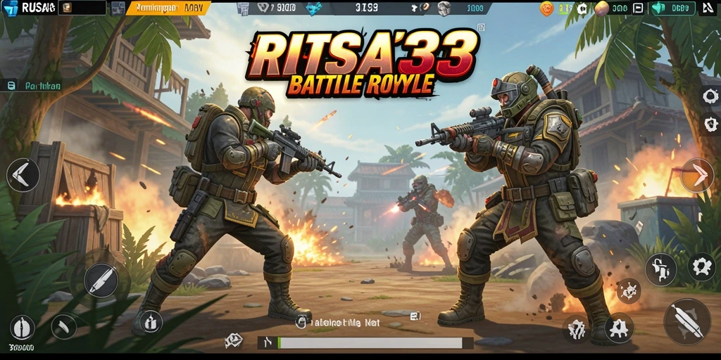 Screenshot gameplay RUSA33 menampilkan pertempuran seru di medan Battle Royale.