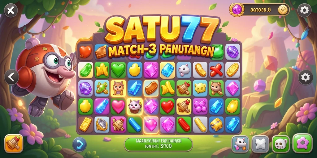 Tampilan gameplay SATU77 dengan kombinasi permata yang berwarna-warni.