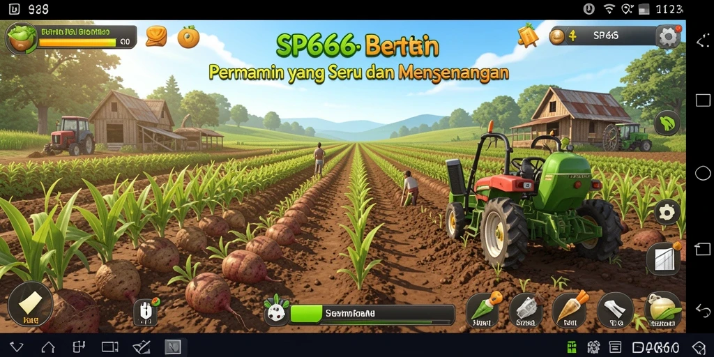Screenshot gameplay SP666 yang menunjukkan ladang dan aktivitas bertani.