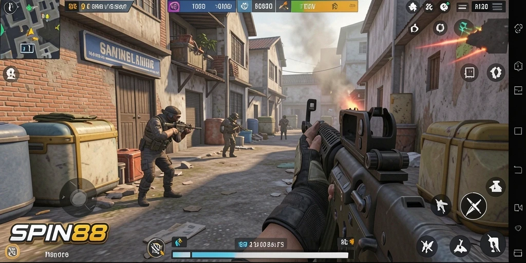 Screenshot utama SPIN88 menampilkan aksi pertempuran FPS yang dramatis.