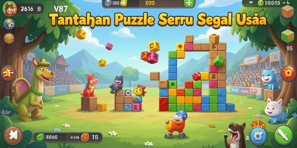 Screenshot menunjukkan gameplay seru V87 dengan tantangan Puzzle yang menarik.